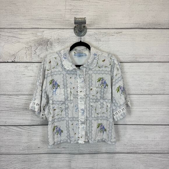 Hill House Women's White Blue Floral Crop Short Sleeve Button Up Top Size Large - Picture 1 of 8
